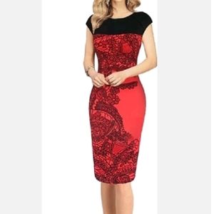 Finejo Red Floral Sleeveless Bodycon Dress Women's SZ XL